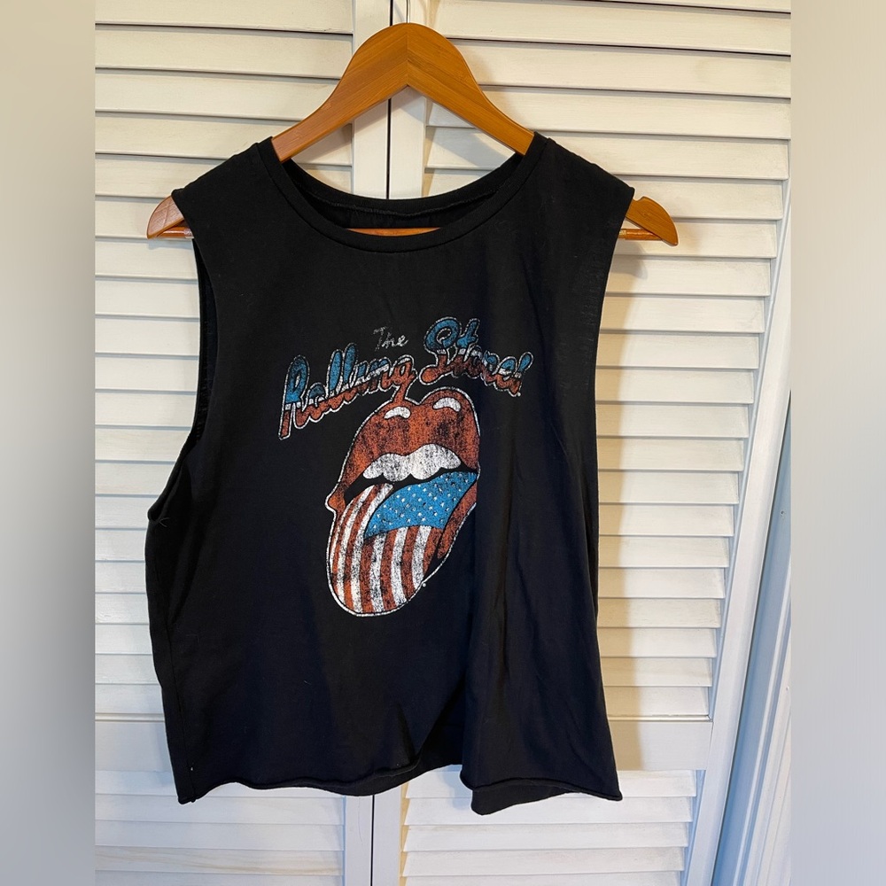 Rolling Stones Cropped Sleeveless Top Size XXL Black Raw Hem Distressed